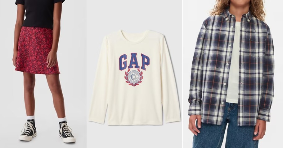 gap girls skirt, logo t-shirt, and boys button down top