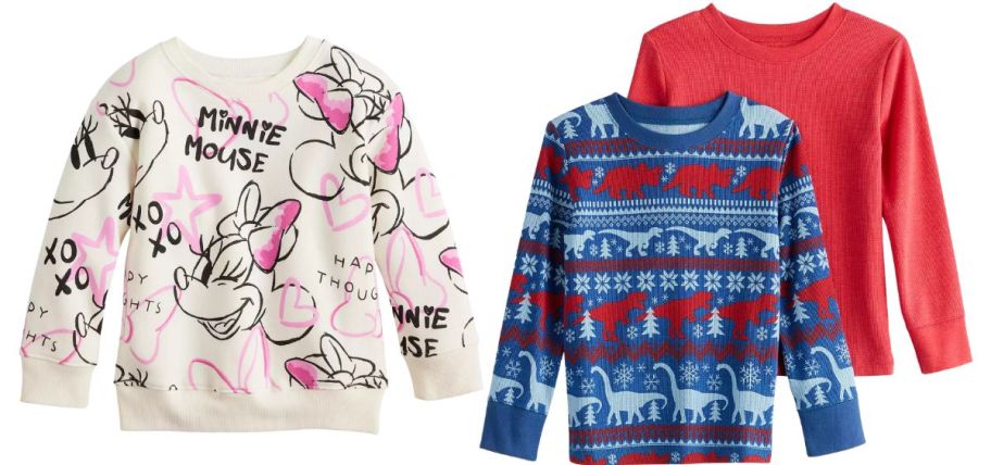 a kids sweatshirt shown with two kids thermal shirts