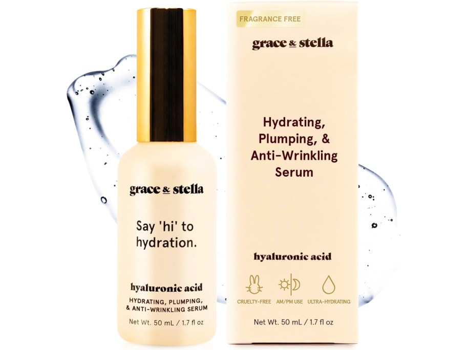 bottle of Grace & Stella Hyaluronic Acid Serum next to its box