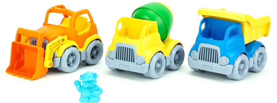 three green toys construction trucks