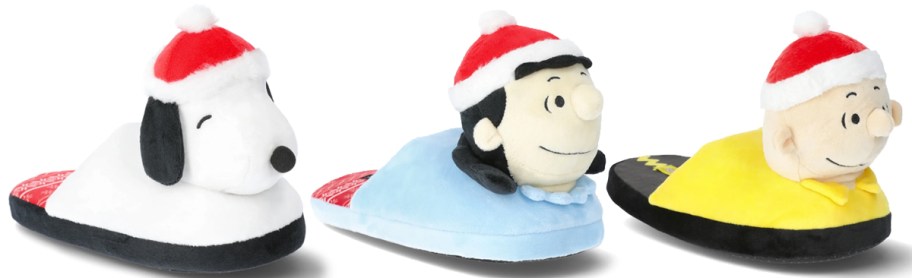 three peanuts character slippers