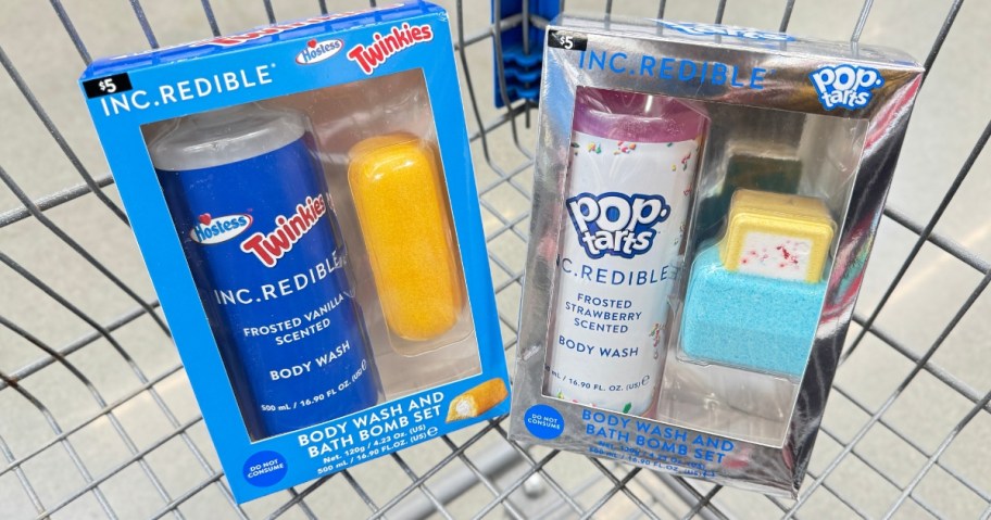 Twinkie themed and Pop Tart themed bath gift sets in a Walmart shopping cart.