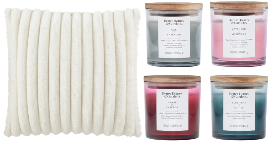 a white ribbed faux fur pillow and 4 Better Homes & Gardens glass jar candles with bamboo lids