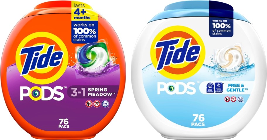 an orange, purple, and yellow Tide Pods Spring Meadow scent and a white and blue round Tide Pods free and clear laundry detergent pacs round container