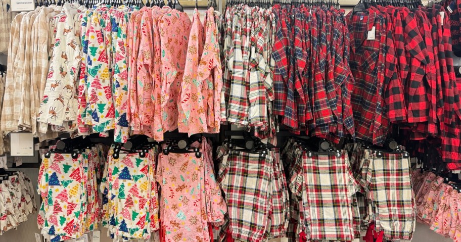 wall display of Old Navy holiday Christmas print pajama tops and pants