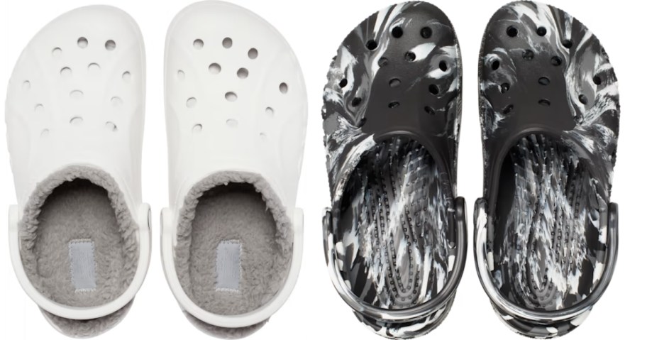 a pair of white and grey lined adults Crocs clogs and a pair of black and white marbled Crocs clogs