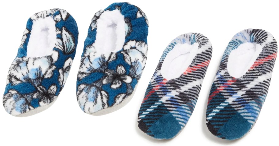 a pair of floral Vera Bradley fleece slippers and a pair of blue and red plaid ones