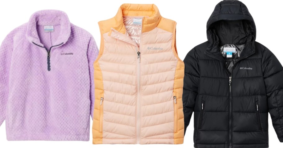 kid's Columbia jacket in purple, a kids peach Columbia puffer vest, and black hooded puffer jacket