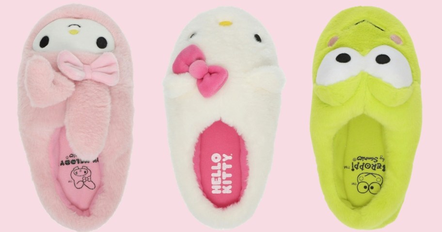 pink My Melody, white Hello Kitty, and green Keroppi women's fuzzy slippers