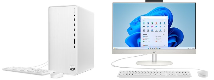 a white desktop onlineputer base only next to a white keyboard, next to them is an all in one desktop onlineputer monitior with a white keyboard and mouse