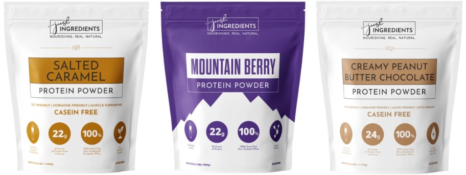 3 bags of Just Ingredients Protein Powder - Salted Caramel, Mountain Berry and Chocolate Peanut Butter flavors