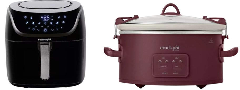 a black Air Fryer machine and a wine red Crock Pot