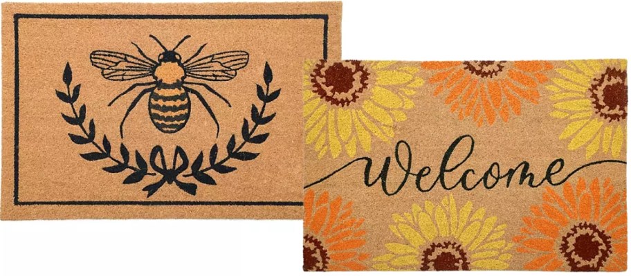 two coir doormats, one with a honey bee, and one with sunflowers and "Welonlinee?