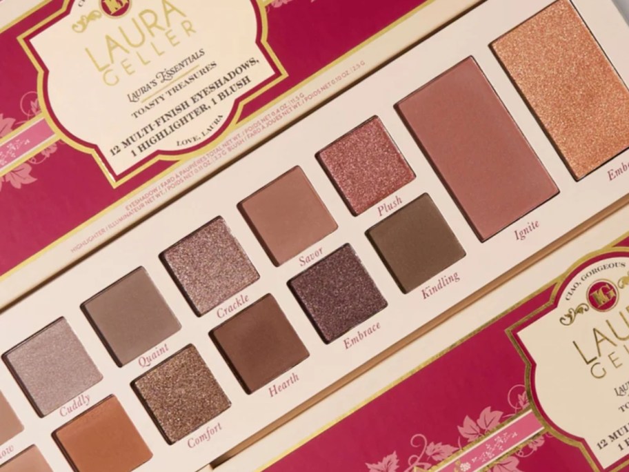 an eye shadow palette with lots of neutral and pink tones, the box it onlinees in around it