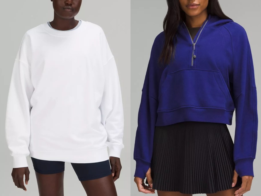 woman wearing a white oversized sweatshirt and woman wearing a royal blue quarter zip hoodie