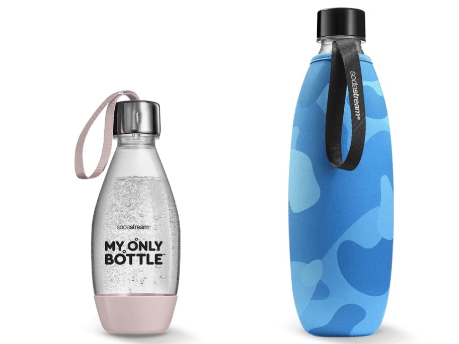 a small glass and pink SodaStream bottle that says "My only bottle" and a Sodastream bottle with a blue camo sleeve