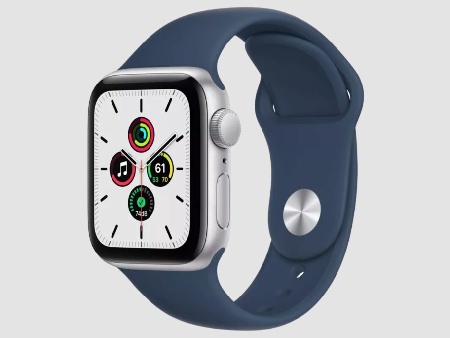 an Apple Watch with a blue band