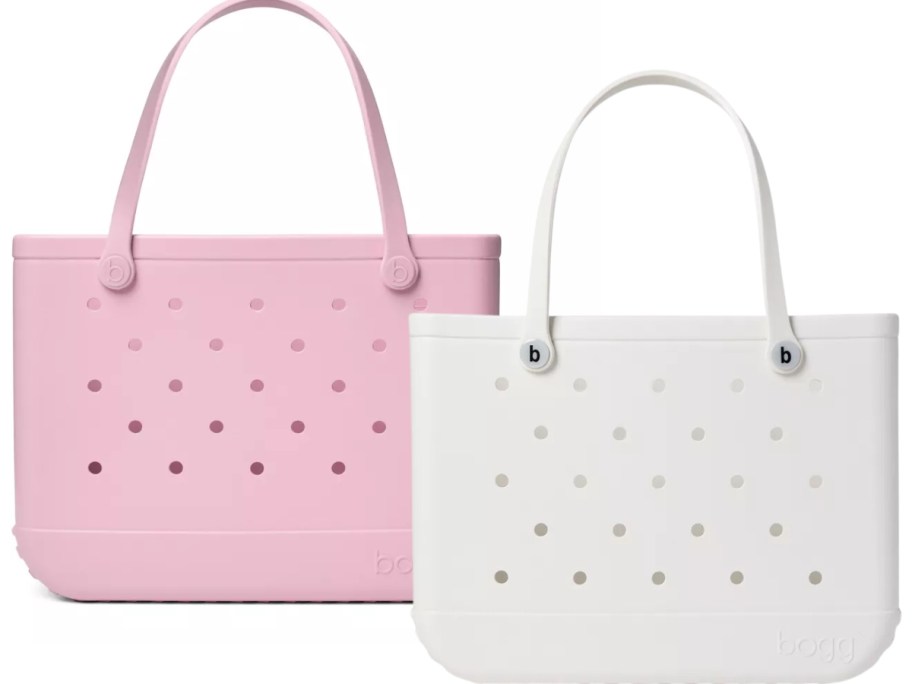 2 large Bogg Bags (plastic tote bags with handles and holes) 1 in light pink and 1 in white