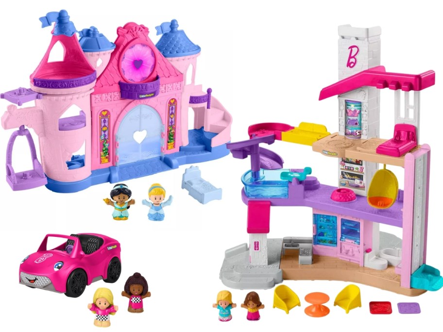 a Fisher Price Disney Princess Little People Castle Toy, a Barbie Little People Playhouse and a Barbie convertible car and Little People toy set