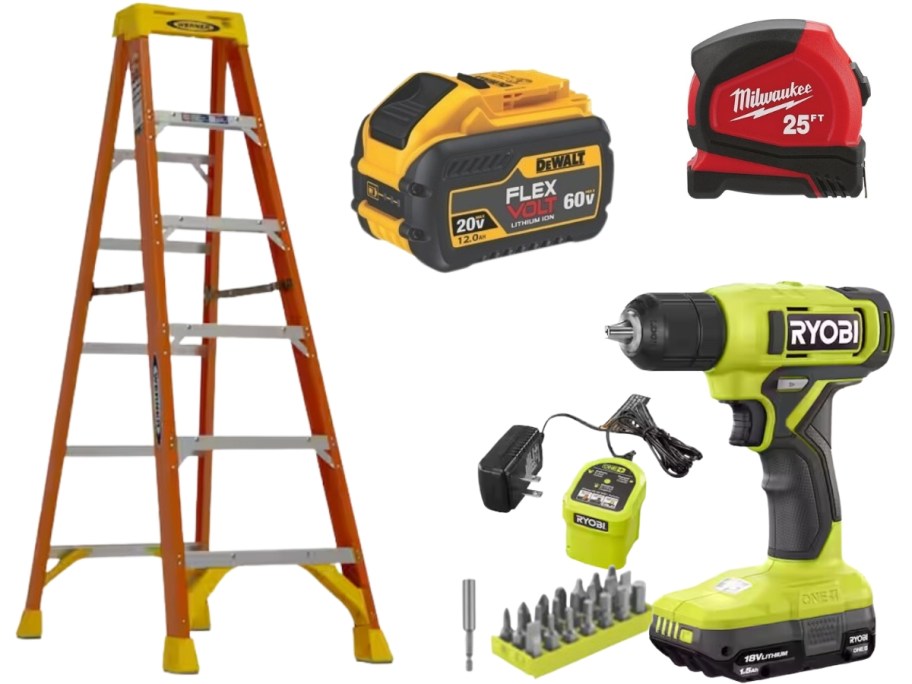 a tall orange and silver ladder, a yellow and black DeWalt battery, a red & black Milwaukee measuring tape, yellow and black Ryobi drill with charger, battery and drill bits