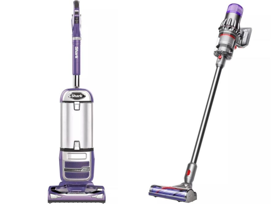 purple Shark Vacuum and a grey and purple Dyson cordless stick vacuum