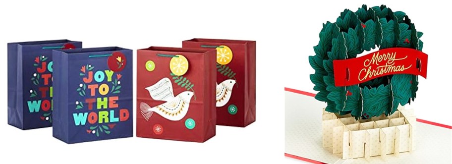 set of 4 christmas gift bags and a pop-up wreath card