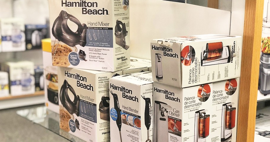 shelf full of Hamilton Beach Small Kitchen Appliances in store