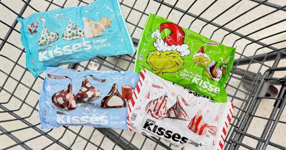 hershey's kisses bags in sugar cookie, the grinch, hot cocoa, and candy cane flavors