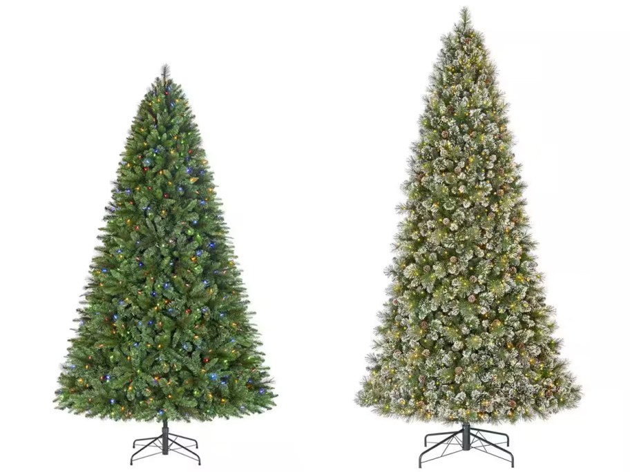 Home Accents Holiday 9 ft. Pre-Lit LED Wesley Pine Artificial Christmas Tree and 12 ft. Pre-Lit LED Sparkling Amelia Frosted Pine Artificial Christmas Tree