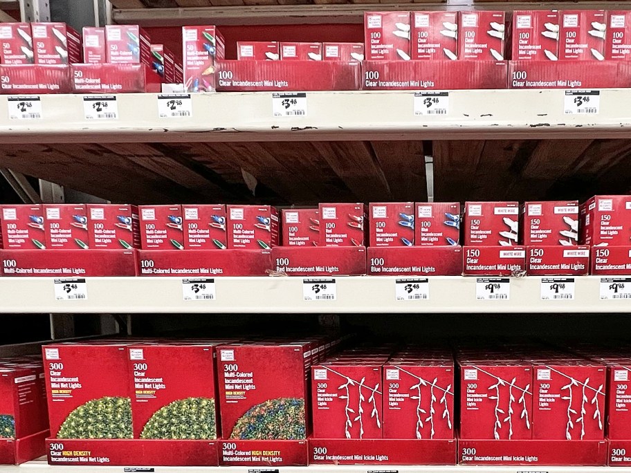 shelves full of christmas lights boxes at home depot store