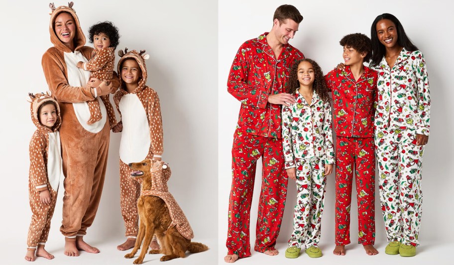 two families wearing matching christmas pajamas