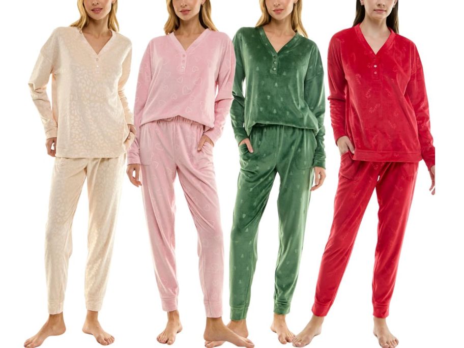 4 women wearing Jaclyn Intimates Embossed Velour 2-Piece Loungewear Set