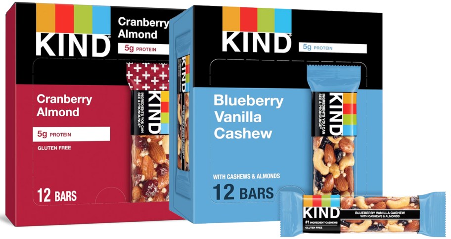 red and blue boxes of kind nut bars