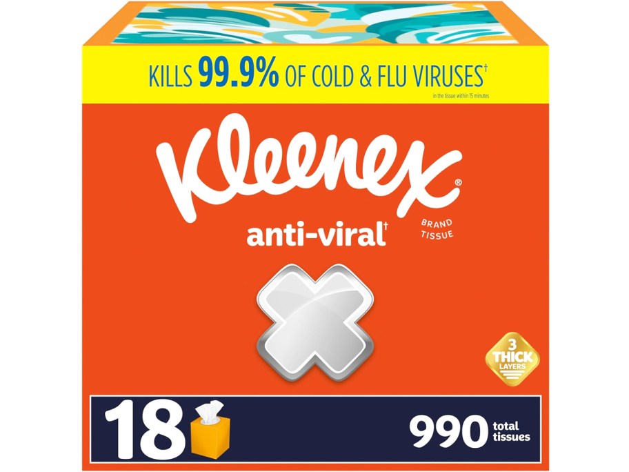 large orange box of Kleenex Anti-Viral Facial Tissues