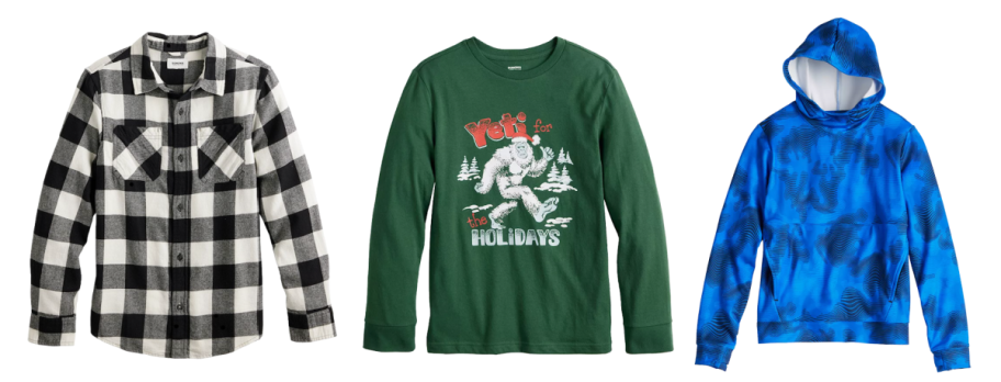 Kohl's Black Friday Boys Clothing Deals including TekGear hoodies, flannels, and christmas yeti tshirts