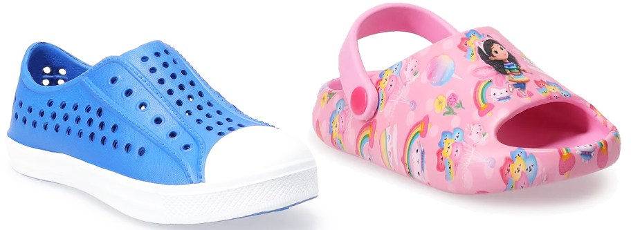 blue sneaker and pink sandal