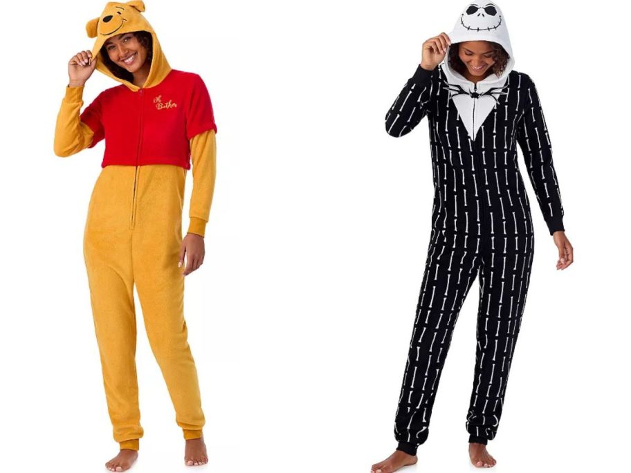 Stock images of two women wearing Winnie the Pooh and Jack Skellington Union Suits