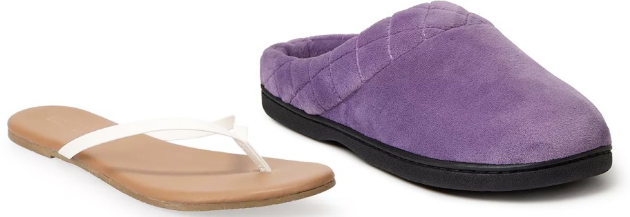 white and tan sandal and purple slipper