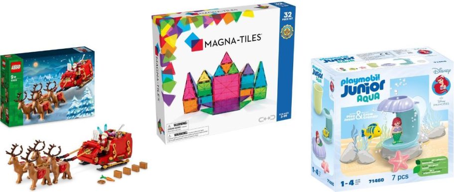 Stock images of LEGO, MAGNA-TILES and a Playmobil playset