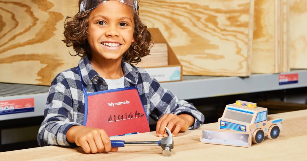 Toy snowplow at kids workshop in lowes store