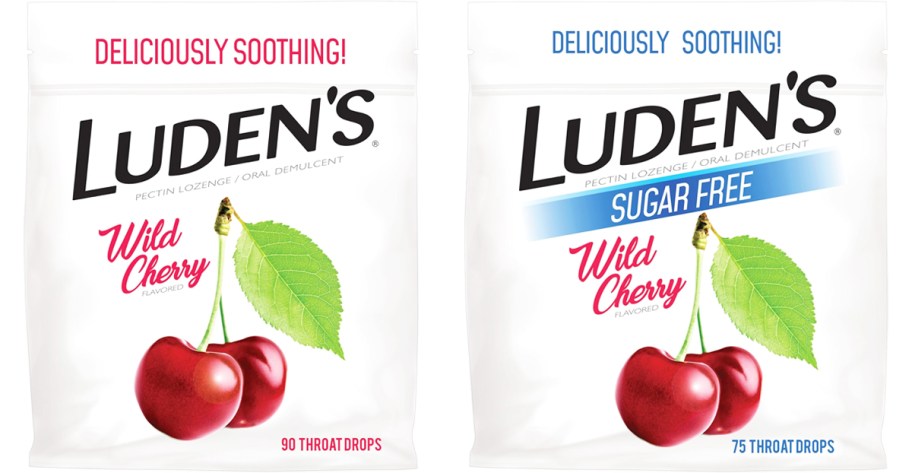 two 90-count bags of Luden's throat drops in wild cherry and sugar-free wild cherry