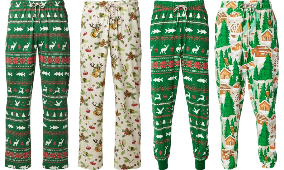 four pairs of holiday lounge pants