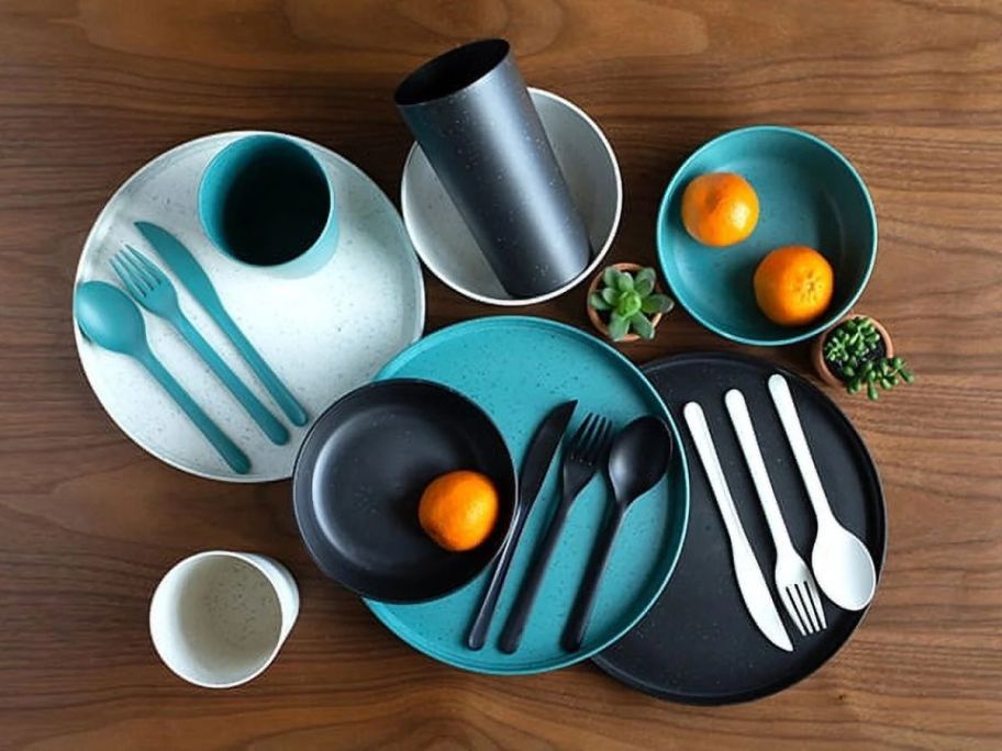 Mainstays 28-Piece Eco-Friendly Recycled Plastic Dinnerware Set on table