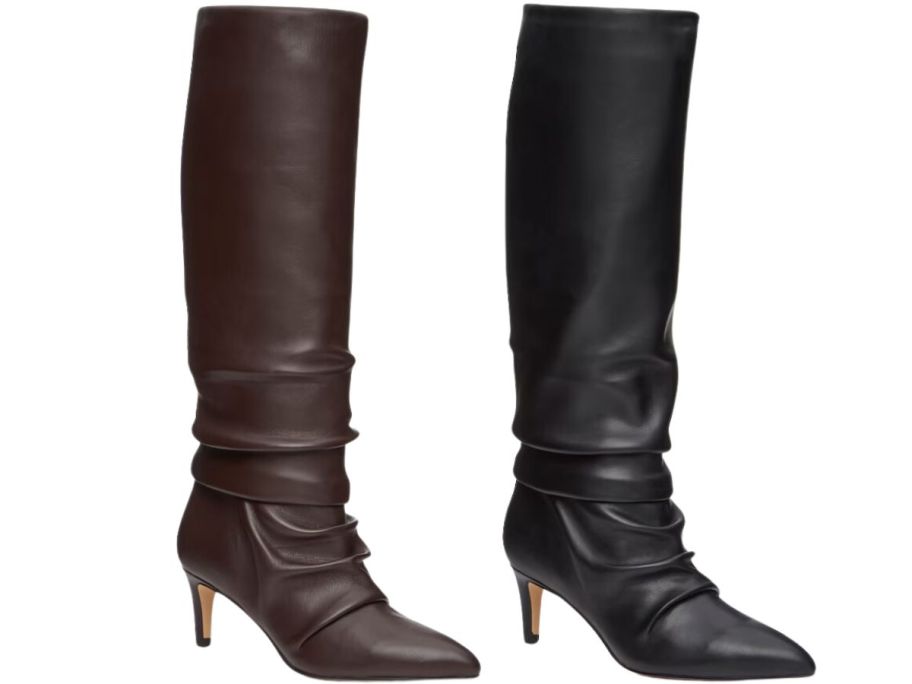 a tall brown low heeled boot shown with a black boot