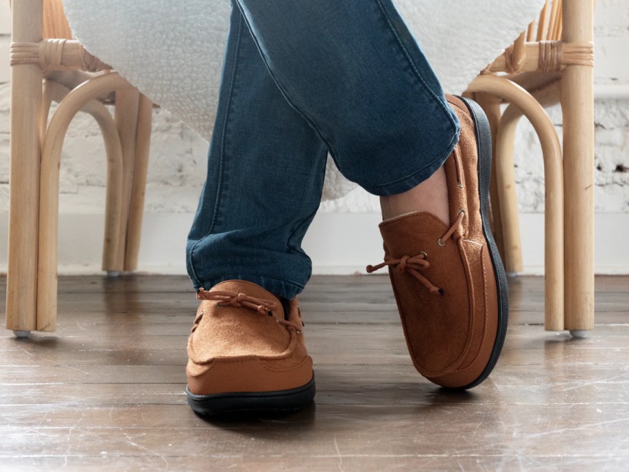 man in jeans wearing Men's Water Repellent Carter Moccasin Slippers 