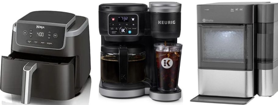 Stock images of a Ninja air Fryer, Keurig Coffee Maker and GE Profile Ice Maker