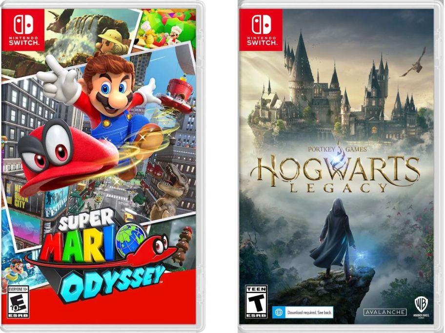 Stock images of Mario Odyssey and Hogwarts Legacy Nintendo Switch Games