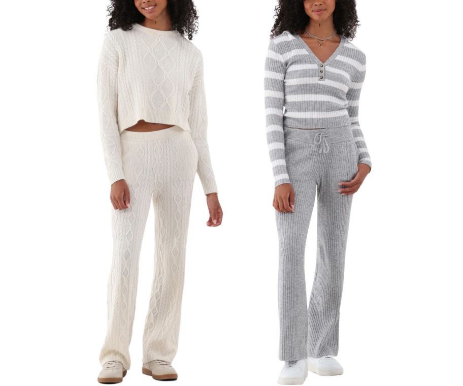 two models in 2 piece knit lounge sets