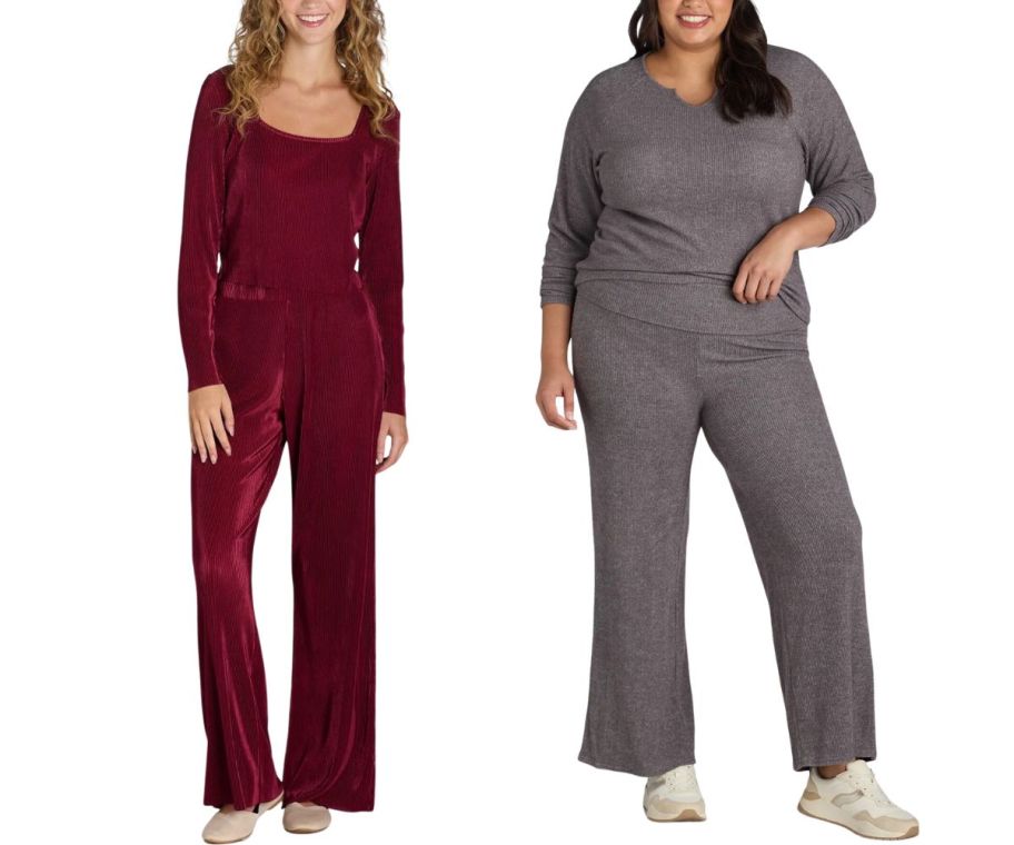 two models wearing 2-Piece lounge sets with wide leg pants. stock image