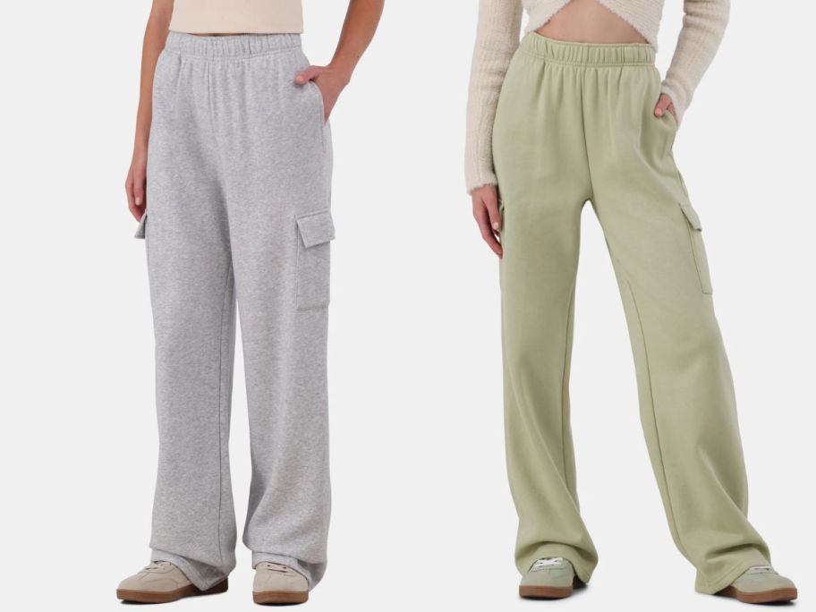 two women wearing No Boundaries Women's Fleece Cargo Pants